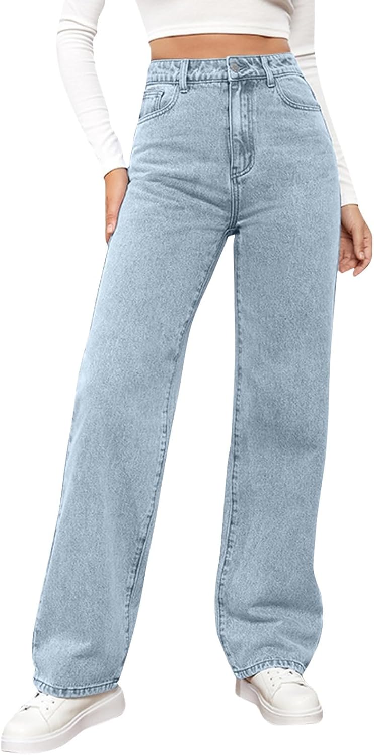 Woman Wide Leg Jeans High Waisted Baggy Jeans Trendy B-light Blue