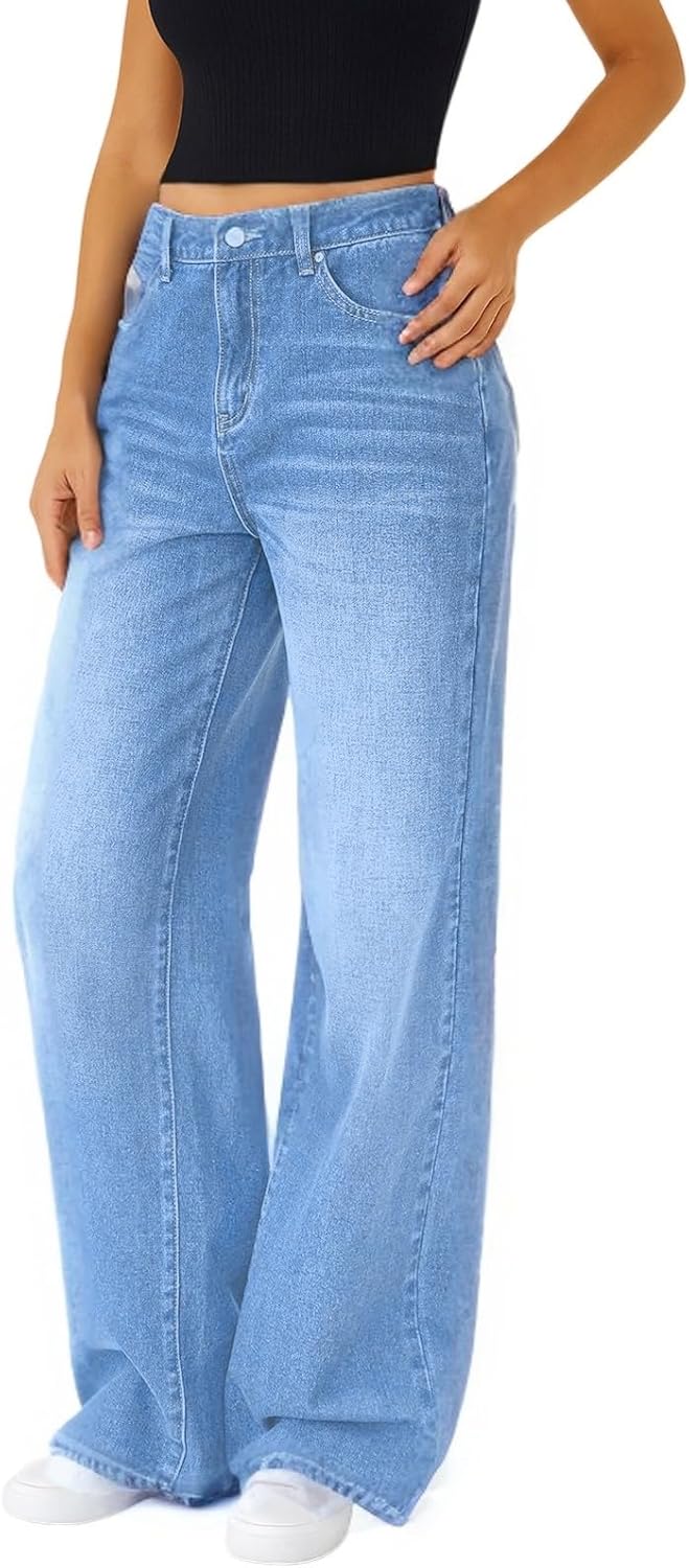 Woman Wide Leg Jeans High Waisted Baggy Jeans Trendy B-light Blue