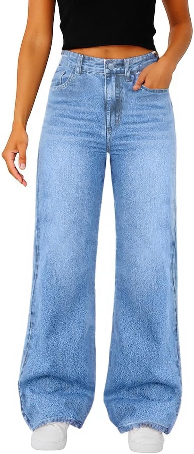 Woman Wide Leg Jeans High Waisted Baggy Jeans Trendy B-light Blue