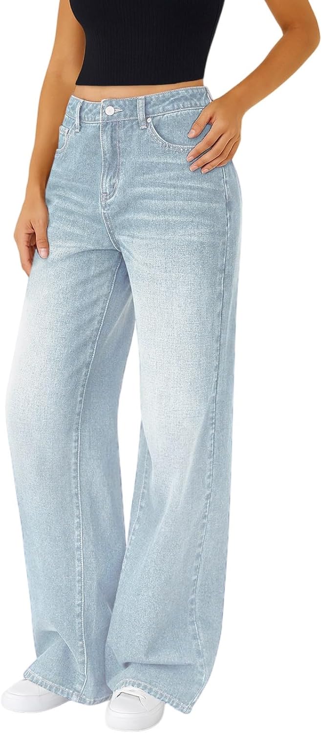 Woman Wide Leg Jeans High Waisted Baggy Jeans Trendy B-light Blue