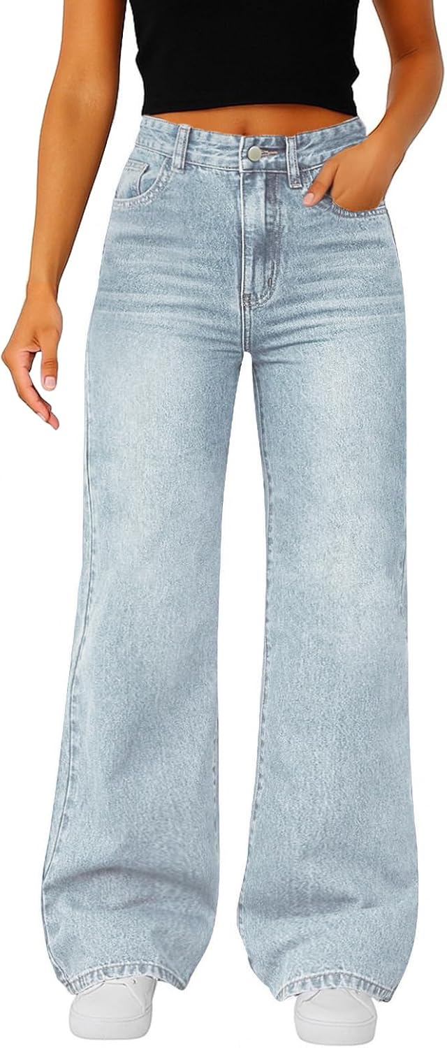 Woman Wide Leg Jeans High Waisted Baggy Jeans Trendy B-light Blue