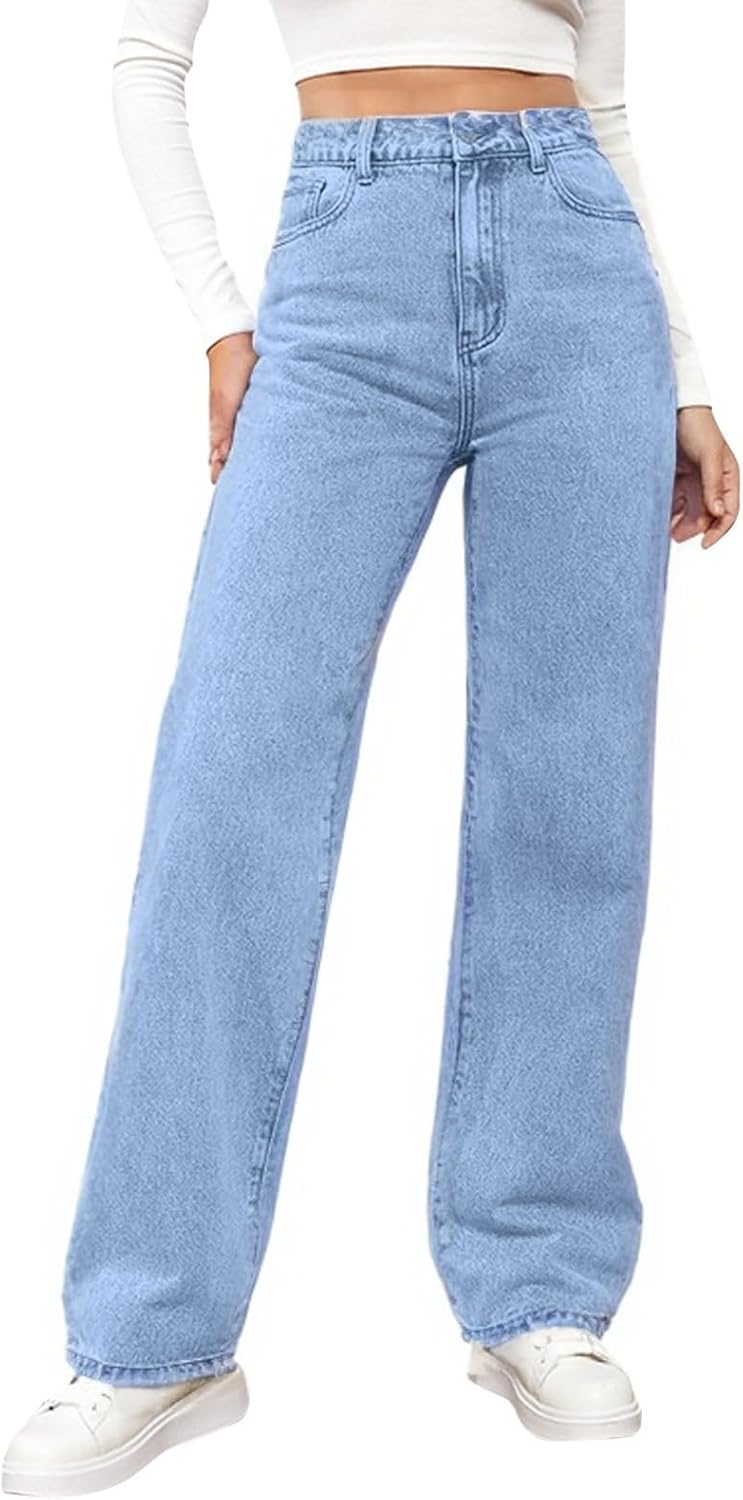 Woman Wide Leg Jeans High Waisted Baggy Jeans Trendy B-light Blue