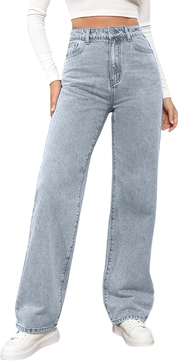 Woman Wide Leg Jeans High Waisted Baggy Jeans Trendy B-light Blue