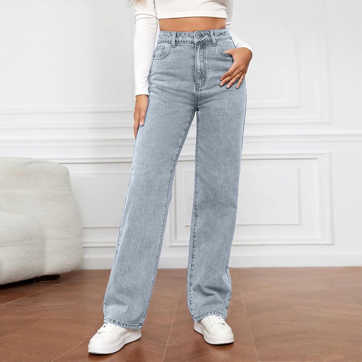 Woman Wide Leg Jeans High Waisted Baggy Jeans Trendy B-light Blue