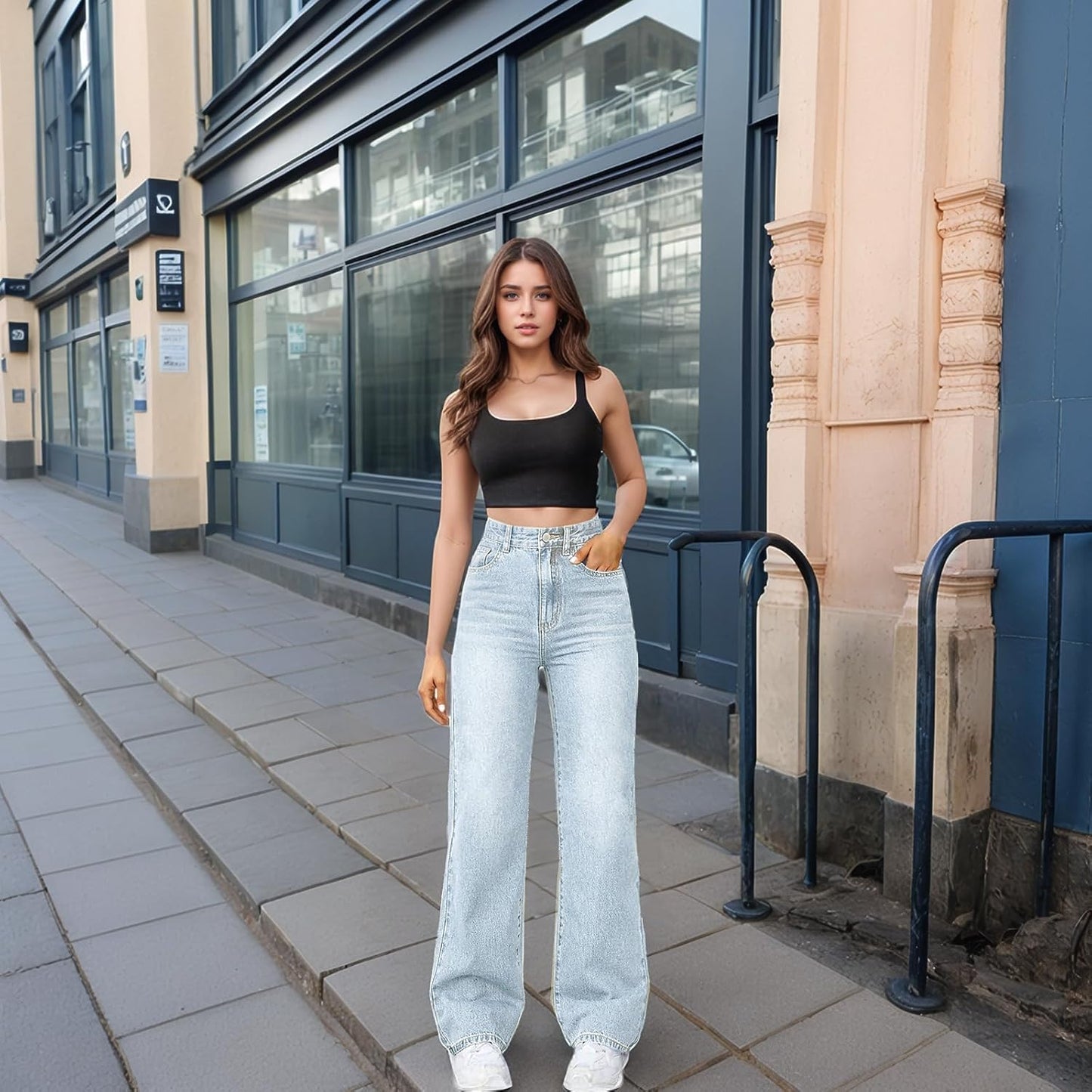 Woman Wide Leg Jeans High Waisted Baggy Jeans Trendy B-light Blue