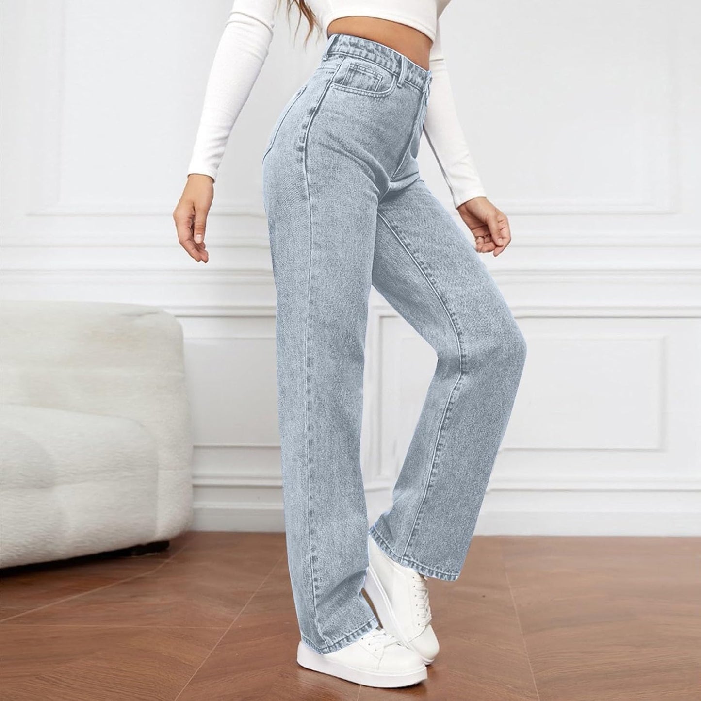 Woman Wide Leg Jeans High Waisted Baggy Jeans Trendy B-light Blue