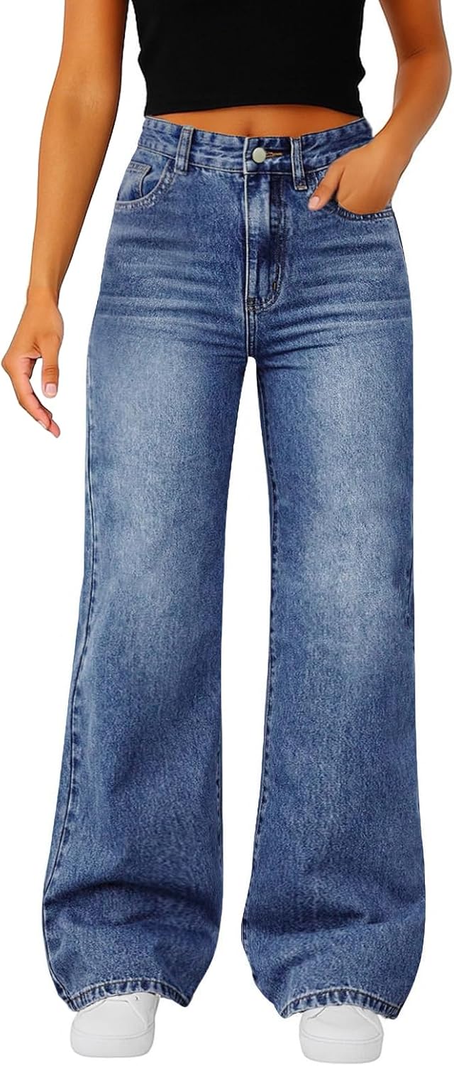 Woman Wide Leg Jeans High Waisted Baggy Jeans Trendy B-light Blue