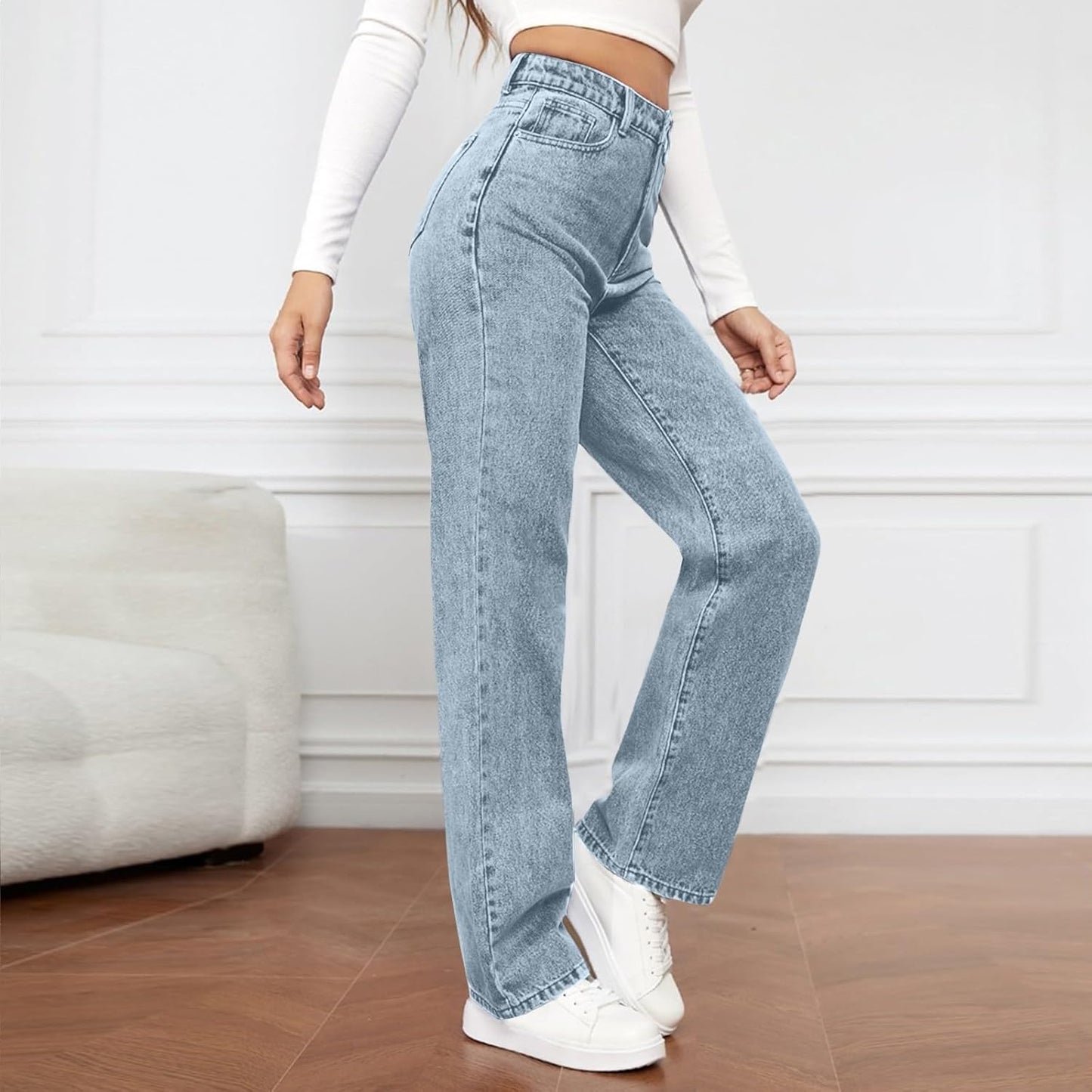Woman Wide Leg Jeans High Waisted Baggy Jeans Trendy B-light Blue
