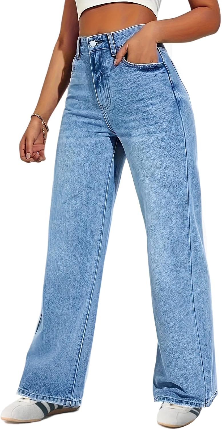 Woman Wide Leg Jeans High Waisted Baggy Jeans Trendy B-light Blue